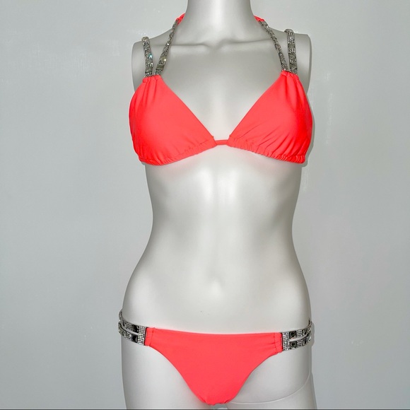 BEACH BUNNY Cosmic Crystal/Rhinestone Coral Bikini swim Set Large/Small neon